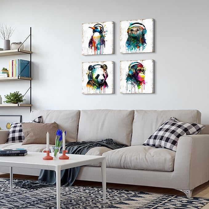 Animals Wall Art Baby Nursery Room Wall Decor Humor Panda Bear Canvas Pictures Kids Bedroom Artwork Colorful Funny Penguin Chimpanzee Posters Graffiti Artwork Living Room Home Decorations 24x24” 4 Pcs