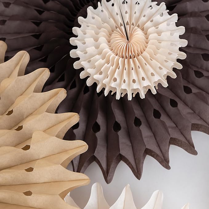 PAPER JAZZ 11 Pcs Brown Party Decorations Neutral Party Decorations Boho Themed Decoration for Western Party Honeycomb Paper Fans Rustic Baby Shower Birthday Wedding Graduation Party Supplies