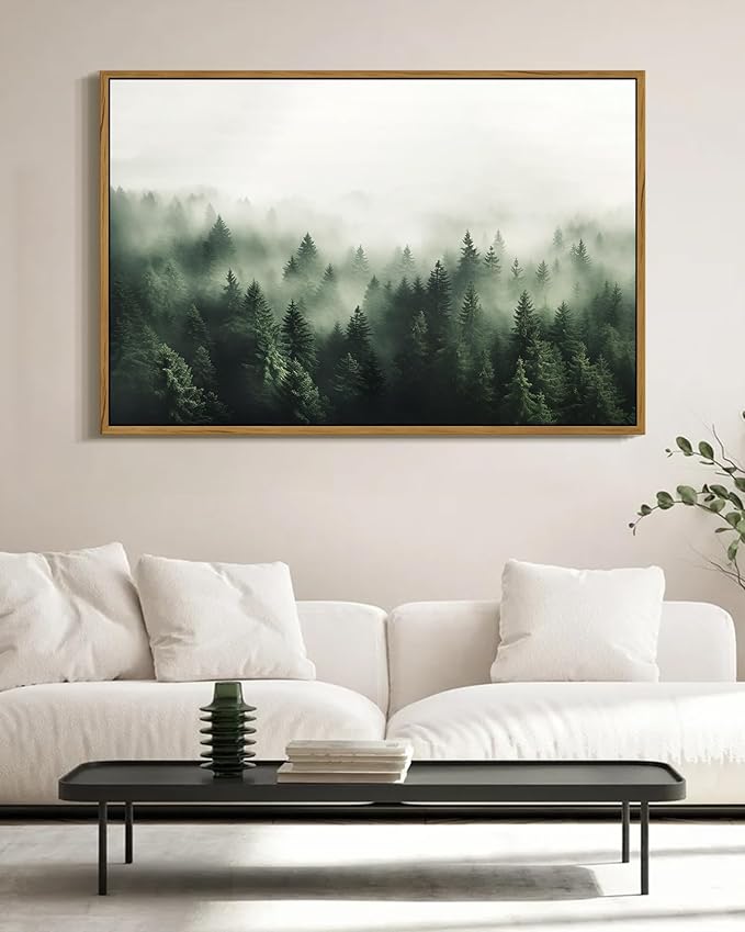 SHENIFY Green Fog Pine Tree Forest Vintage Framed Wall Art Modern Landscape Scenery Farmhouse Artwork Prints Decor for Hallway Living Room Bedroom Dining Room - 24x36in Natural Framed
