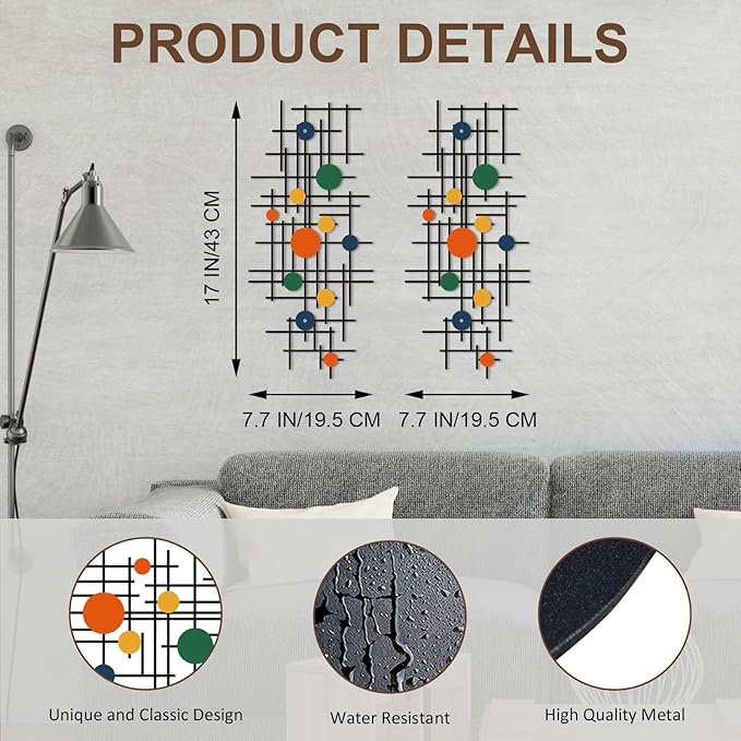 ruelen Set of 2 Minimalist Geometric Wall Decor - Modern Metal Wall Art for Living Room, Bedroom & Office – Abstract 2D Design in Bright Colorful Style