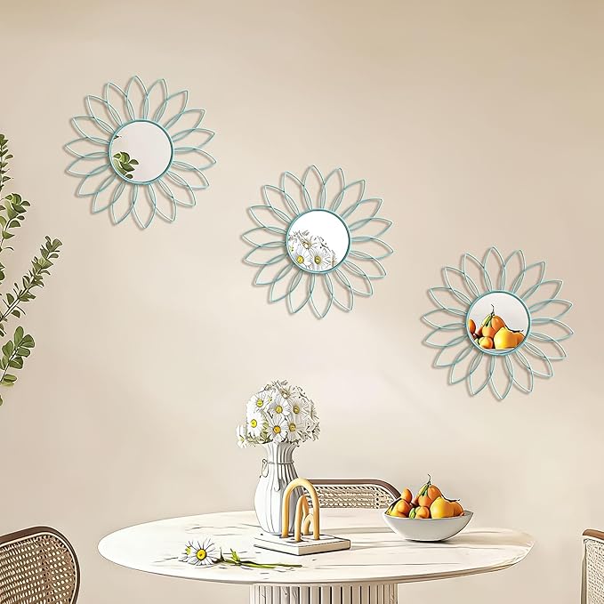 3 Pack Metal Mirrors for Wall Sunburst Wall Mirrors Home Décor Decorative Hanging Wall Art for Living Room Bedroom Entryway (Blue, Flowers)