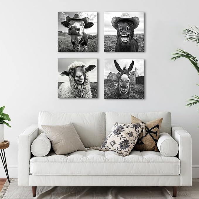 Black and White Funny Animals Wall Art Farmhouse Cow Sheep Donkey Horse Pictures Wall Decor for Kitchen Bedroom Living Room Farm Country Canvas Prints Cowboy Poster Artwork Home Decoration 12x12” 4Pcs