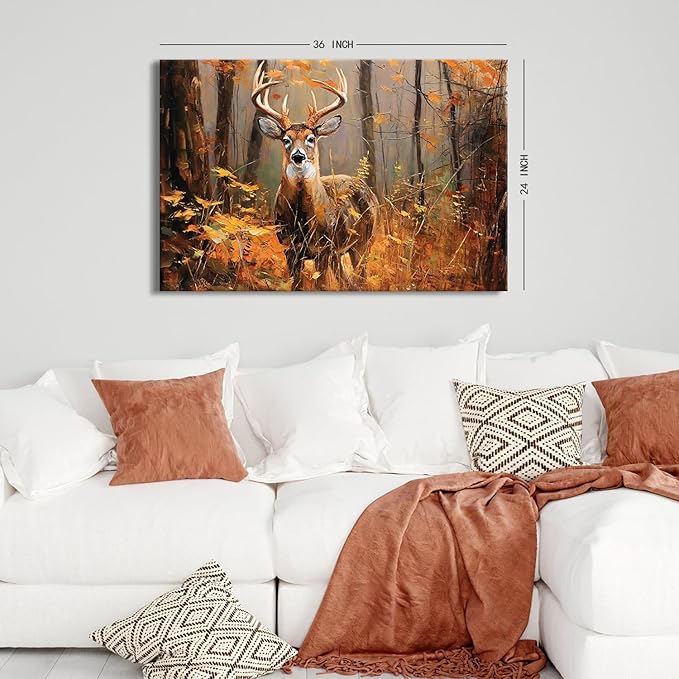 Deer Wall Art Fall Forest Wall Decor Nature Autumn Landscape Picture Rustic Wildlife Animal Canvas Prints Farmhouse Elk Painting Maple Leaves Artwork for Bedroom Living Room Home Decoration 24x36"