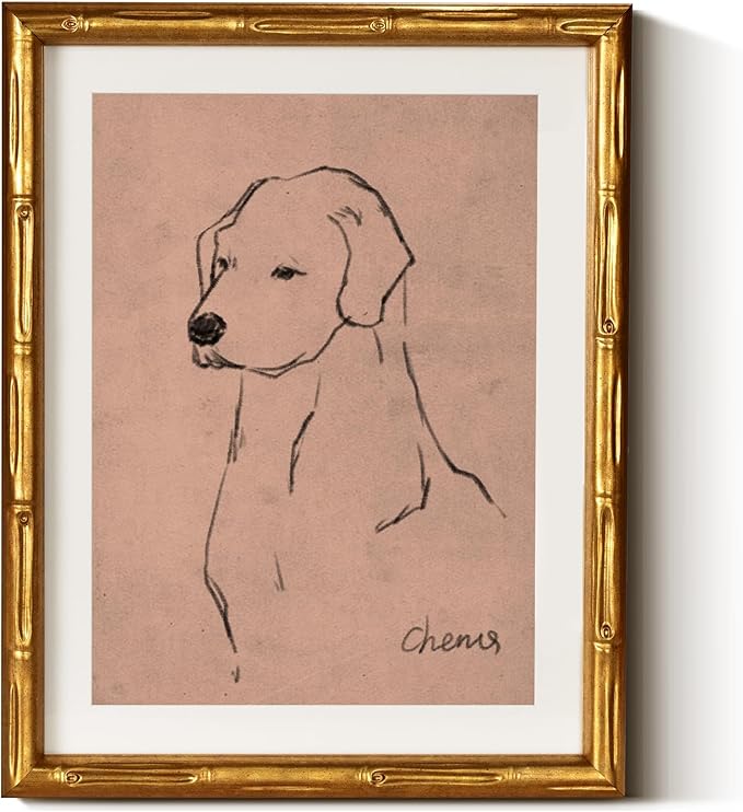 InSimSea Gold Bamboo Framed Canvas Wall Art, Minimalist Dog Sketch Animal Paintings, Antique Vintage Picture Frame with Mat, Victorian Home Wall Decor for Living Room Bedroom Gallery, 11x14inch