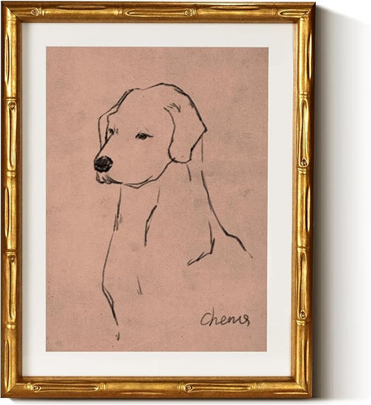InSimSea Gold Bamboo Framed Canvas Wall Art, Minimalist Dog Sketch Animal Paintings, Antique Vintage Picture Frame with Mat, Victorian Home Wall Decor for Living Room Bedroom Gallery, 11x14inch