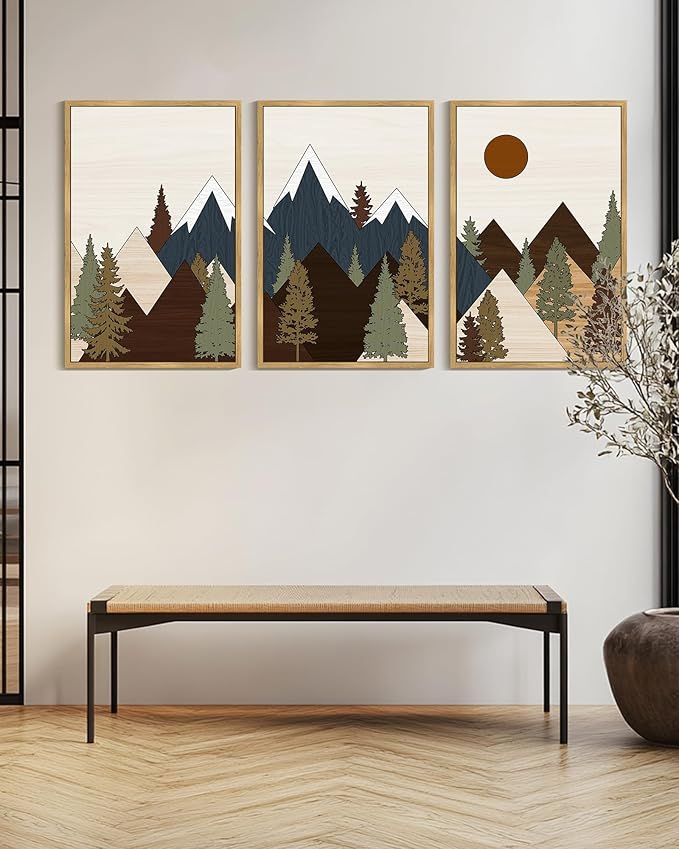 Drsoum Morden Mountains Landscape Wall Art Framed Boho Pine Tree Forest Nature Prints Boho Farmhouse Rustic Artwork Hallway Bedroom Ready to Hang 24x36in Natural Framed