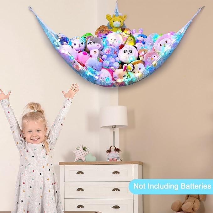 Unicorn Castle Stuffed Animals Net or Hammock Kids Toy Storage Organizer with LED Light Hanging Corner Stuffed Animals Holder Kids Girls Room Decor,Blue,Large (Pack of 1)