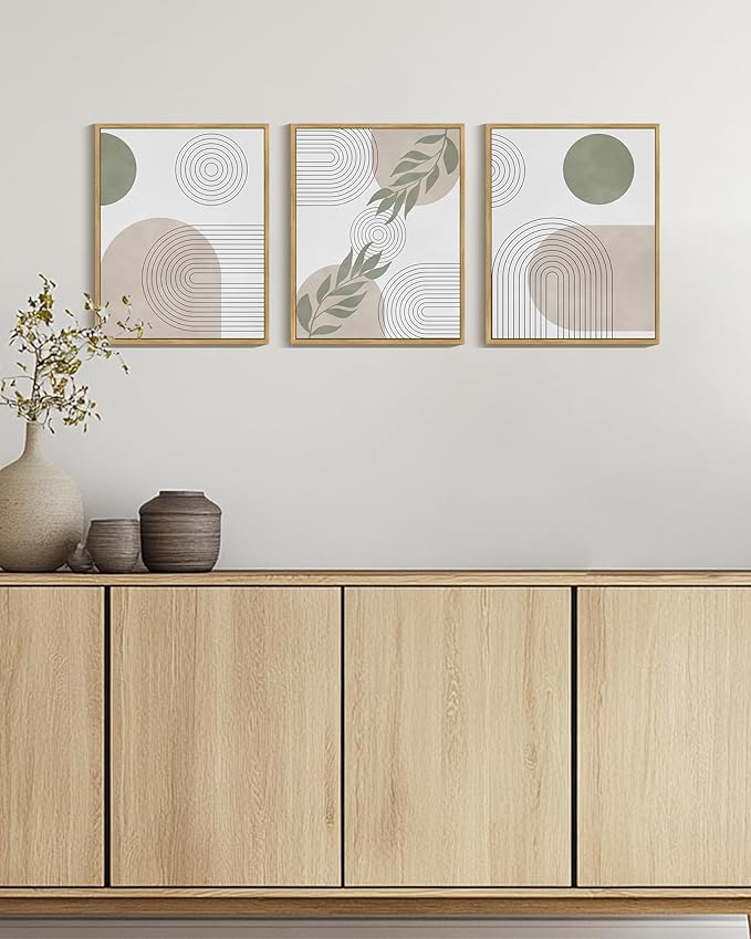 Drsoum Green Botanical Boho Wall Art Framed Modern Bohemian Sage Wall Decor Abstract Geometry Lines Prints Ready to Hang 11x14in Natural Framed