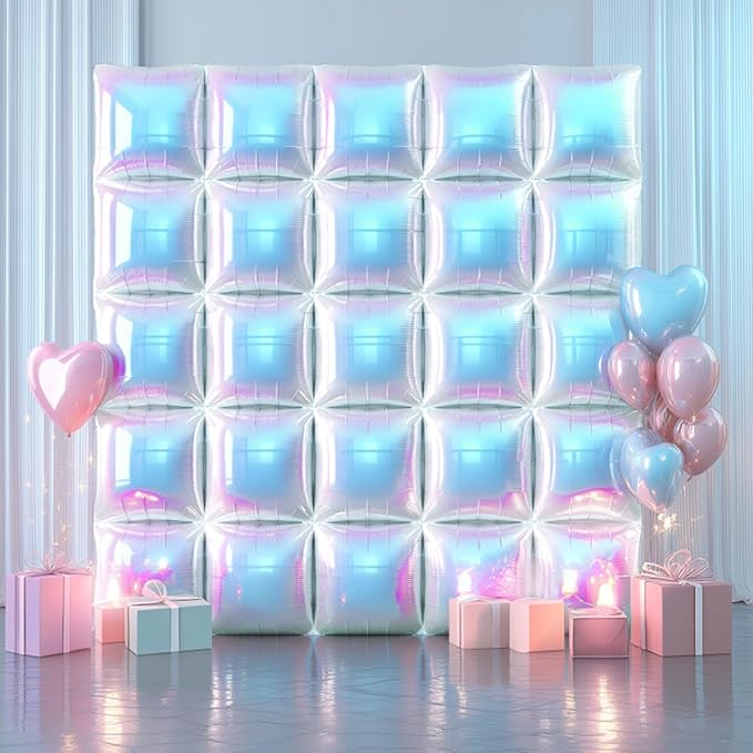 NISOCY 36PCS Iridescent Square Foil Balloons Wall Backdrop Holographic Balloons Tunnel Garland Arch Kit for Birthday Wedding Graduation Bridal Baby Shower New Year Rainbow Party Decorations