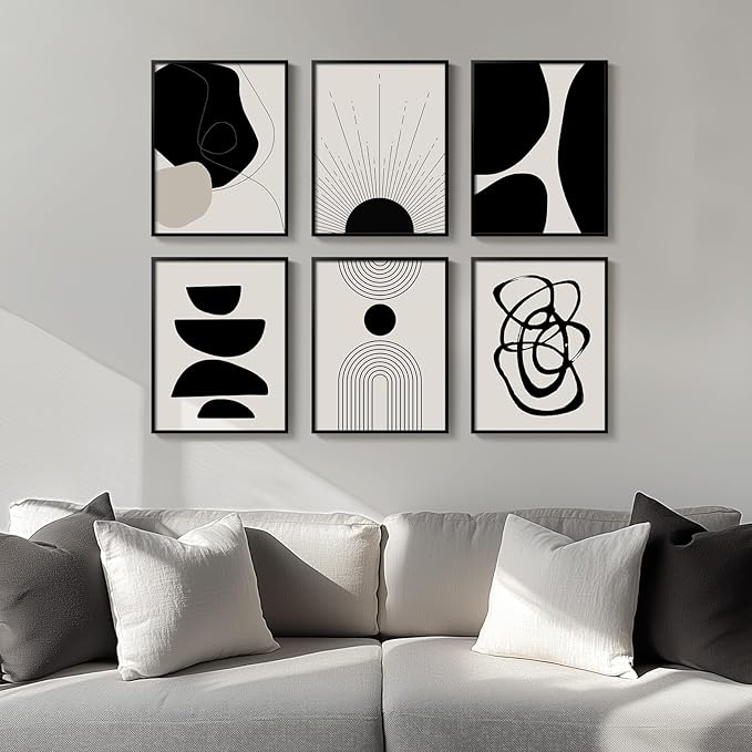 Framed Boho Black and White Abstract Wall Art, Set of 6 Modern Canvas Prints Paintings Artwork for Walls, Minimalist Geometric Pictures for Living Room Bedroom Office Bathroom Wall Decor 11x14 Inch