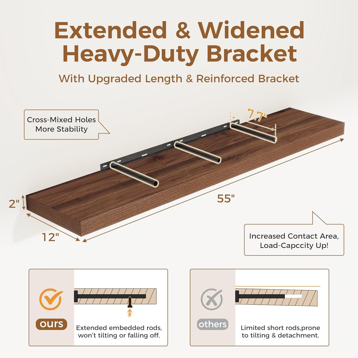 Floating Shelves 55 Inch Long, 12 Inch Deep Floating Shelves for Wall, Rustic Deep Wall Shelf for Fireplace Mantel, 55 x 12 Large Display Shelf for Living Room, Bedroom, Kitchen, Walnut Color, 1 Pack