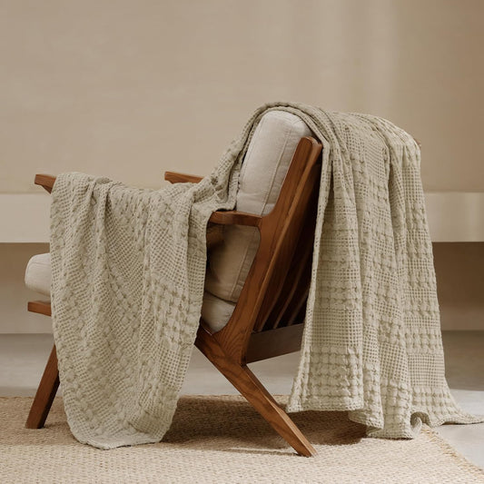 PHF 100% Cotton Waffle Weave Throw Blanket, Soft Lightweight Breathable Cozy Summer Throws for Couch Bed Sofa, Luxury Aesthetic Woven Blanket for Home Decor & Office, 50"x60", Khaki