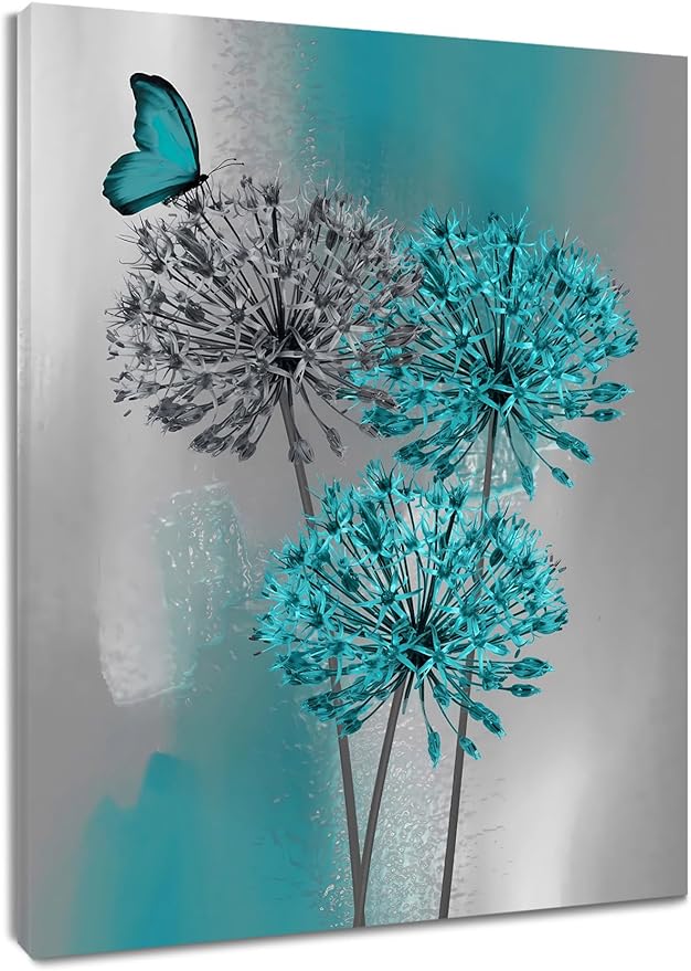 LB Dandelion Canvas Wall Art Teal Grey Dandelion with Butterfly on Abstract Background Wall Art Plant Wall Decor for Living Room Bedroom Bathroom Office Home Framed Ready to Hang 20L x 16W Inch