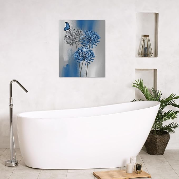 LB Blue Dandelion Wall Art Blue Grey Dandelion with Butterfly Canvas Wall Art Modern Abstract Wall Art Decor for Living Room Bedroom Bathroom Office Framed Ready to Hang 20L x 16W