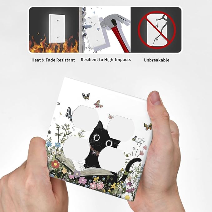 Outlet Covers Cute Cat Wildflowers Boho Flowers Floral 2 Gang Double Duplex Decorative Light Switch Covers Electrical Wallplates Socket Faceplate For Nursery Kids Room Decor