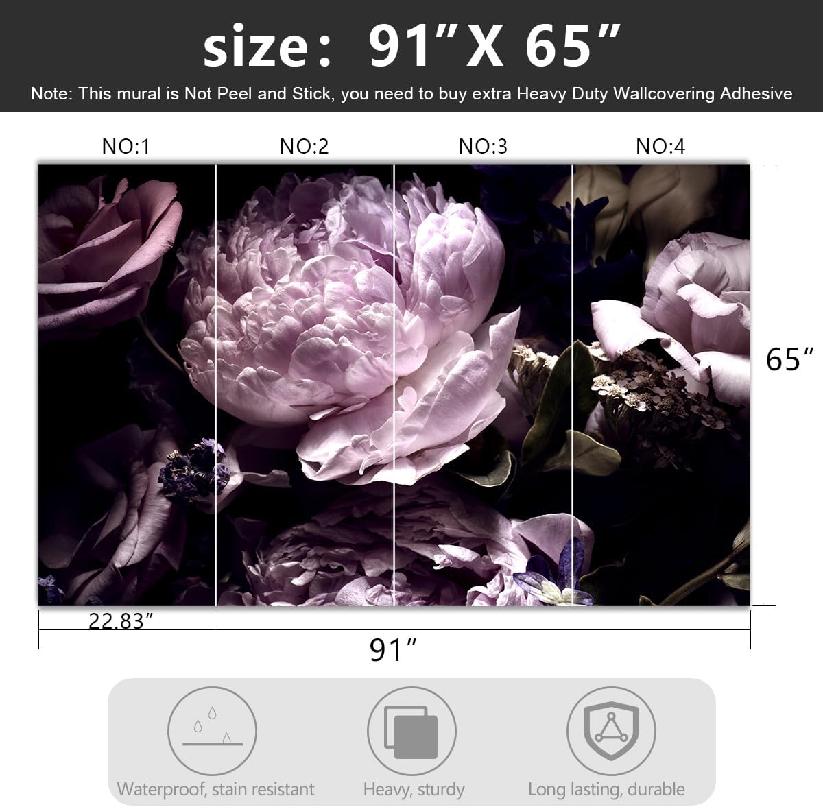 -Black Peony Purple Floral Botanical Fabric Wallpaper Living Room Bedroom Bathroom Dark Flowers Wall Mural- 91"x65"（ not Peel and Stick）