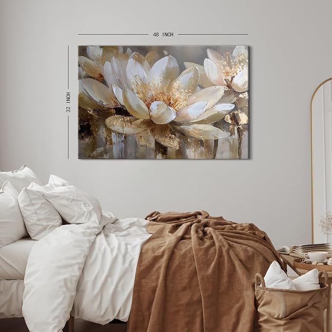 Zen Wall Art Abstract Lotus Wall Decor for Bedroom Spiritual Meditation Paintings Picture White and Gold Flowers Canvas Prints Minimalist Floral Artwork for Living Room Office Decorations 32x48"