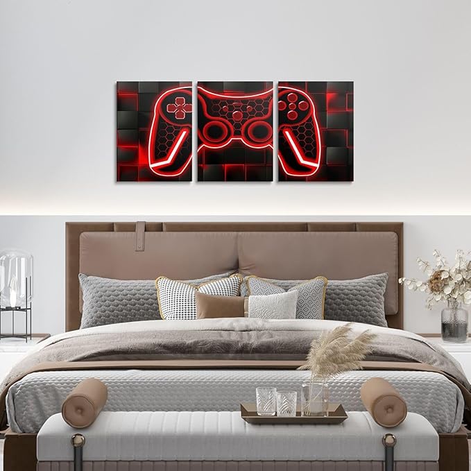 Feelyou Gamer Canvas Wall Art for Living Room 12"x16" 3 Piece Red and Black Picture Wall Decor Gaming Ombre Office Decorations Artwork Posters Square Painting