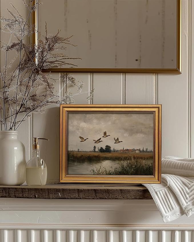 InSimSea Gold Framed Canvas Prints Wall Art, Vintage Bedroom Decor, Flying Ducks Landscape Paintings Farmhouse Wall Decor, Rustic Countryside Pictures for Living Room Shelf, 12x16inch