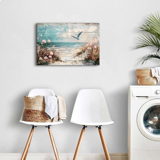Seagull Wall Art Pink Flowers Canvas Prints Ocean Wall Decor Seabird Painting Beach Picture Nautical Poster Coastal Photo Vintage Seascape Artwork Framed for Kitchen Living Room Home Decoration 16x24