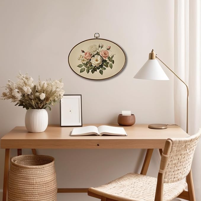 JQF Vintage Rose Floral Oval Wall Decor, Cottagecore Botanical Floral Oval Canvas Wall Art, Antique Country Flower Framed Prints Hanging Decor for Home Bedroom Living Room, 8.5x11.5 Inch