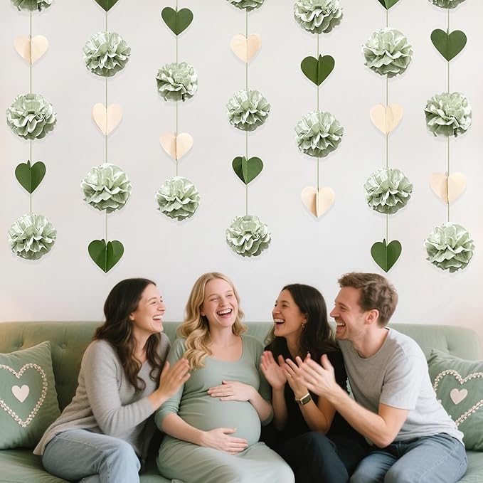 Sage Green Party Decoration Tissue Flowers Pom Pom with 3D Heart Hanging Paper Garland Banner Streamer for Birthday Baby Shower Wedding Valentines Day Woodland Neutral Themed Party Home Decor Supplies