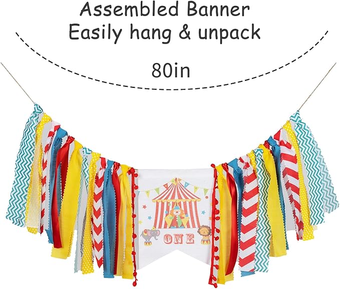 Circus Carnival First Birthday Highchair Banner – Pre-strung Reusable Burlap & Satin Garland for Cake Smash Photos, Boys & Girls 1st Birthday Party Decor