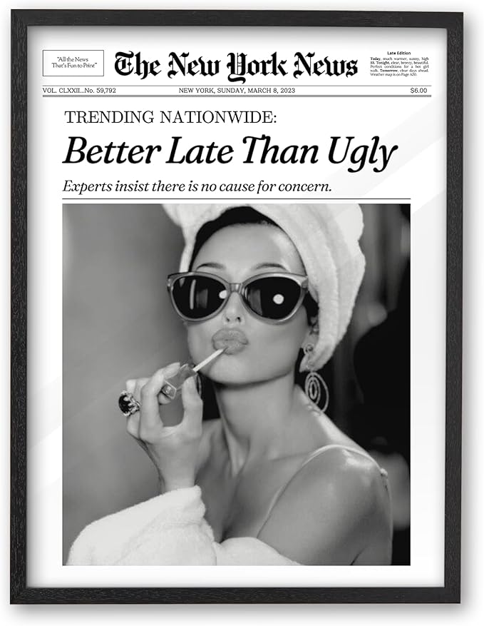 iHery Premium Natural Black OAK Wood 12x16in Audrey Hepburn Trendy Framed Wall Art, Vintage Funny Better Late Than Ugly Canvas Bathroom Wall Decor Essential,Girly Dorm Bedroom Living Artwork 1Pack