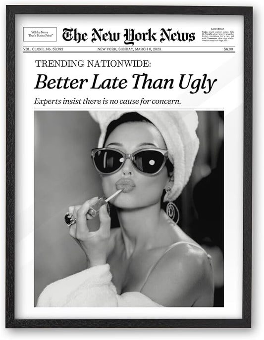iHery Premium Natural Black OAK Wood 12x16in Audrey Hepburn Trendy Framed Wall Art, Vintage Funny Better Late Than Ugly Canvas Bathroom Wall Decor Essential,Girly Dorm Bedroom Living Artwork 1Pack