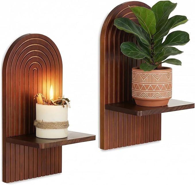 Mid Century Modern Candle Sconces: Set of 2 Walnut Boho Wall Candle Holder Decor for Living Room Fireplace - Arch Candle Shelf for Plants Pillars Candles