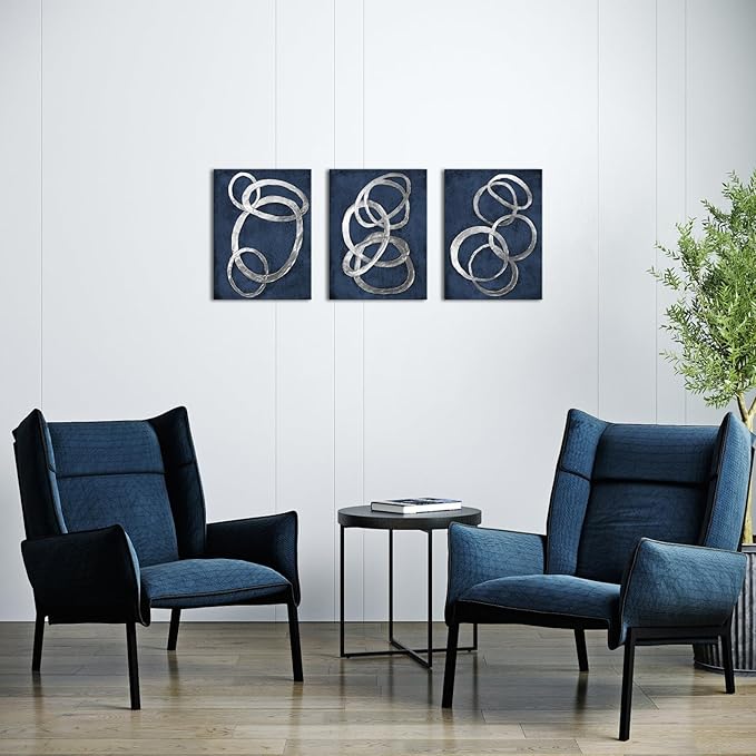 iKNOW FOTO Set of 3 Modern Abstract Blue and Silver Circle Canvas Prints Contemporary Artwork Painting for Bedroom and Bathroom Stretched Canvas Ready to Hang Each Panel 12x16 inches