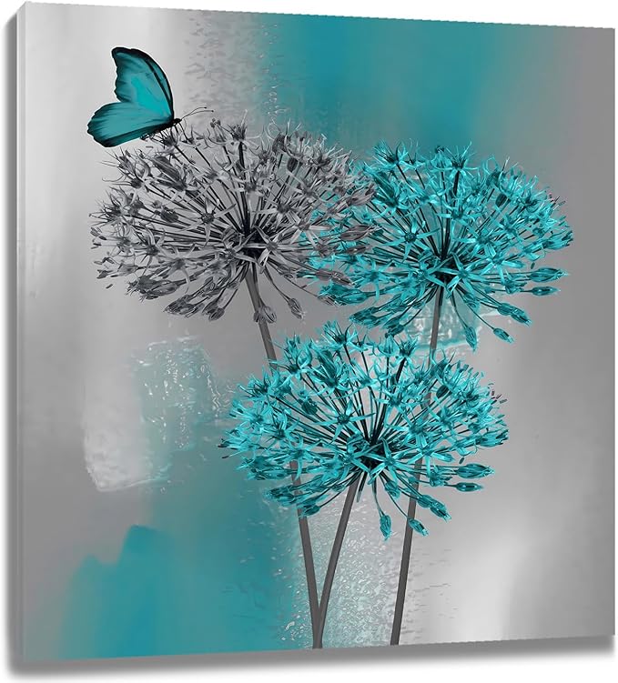 LB Dandelion Canvas Wall Art Teal Grey Dandelion with Butterfly on Abstract Background Wall Art Plant Wall Decor for Living Room Bedroom Bathroom Office Home Framed Ready to Hang 12L x 12W Inch