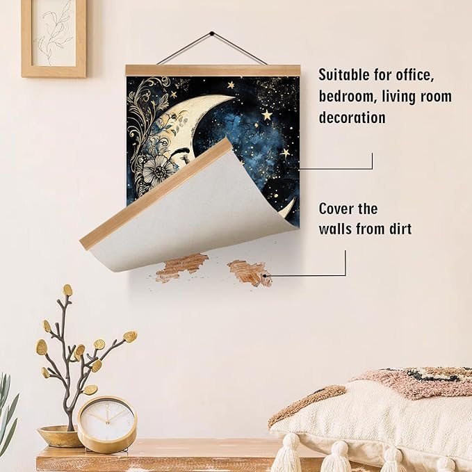 ZTGDA Moon Wall Art Decor– Vintage Hanging Wall Painting Abstract Poster with Solid Wood Frame, Boho Wall Decor,Mystical Celestial Floral Poster for Bedroom, Office(Moon)