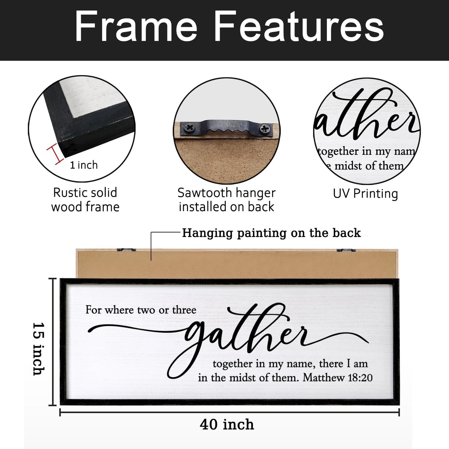 For Where Two or Three Gather in My Name, There I am in the Midst of Them Bible Verse Framed Wall Art, 40''×15'' Rustic Religious Christian Matthew 18:20 Sign, Inspirational Catholic Scripture Decor