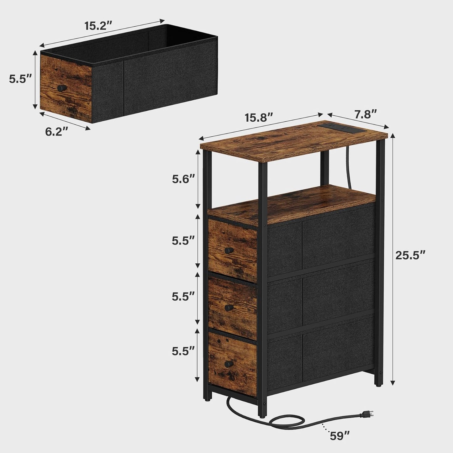 TUTOTAK Narrow Night Stand with Charging Station, Slim End Table with Plugins, Tall Side Table with 3 Fabric Drawer, Small Bedside Table with Storage, Set of 2, Living Room, Bedroom, Brown TB01BB073