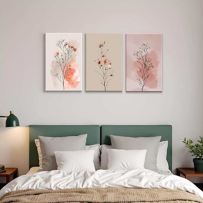 okudolit Boho Vintage Flower Wall Art Set of 3 Minimalist Floral Botanical Prints Rustic Wildflower Wall Decor Beige and Pink Neutral Plant Painting for Living Room Bedroom Office-12x16in