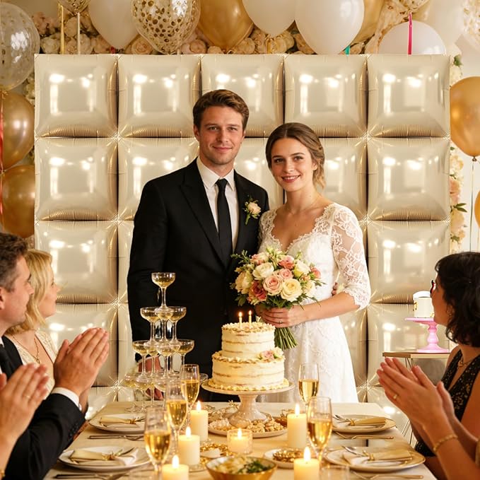 NISOCY 25PCS Beige Square Foil Balloons Wall Backdrop Double Sided Sand White Balloon Arch Kit for Birthday Baby Bridal Shower Wedding Engagement Gender Reveal Party Decoration
