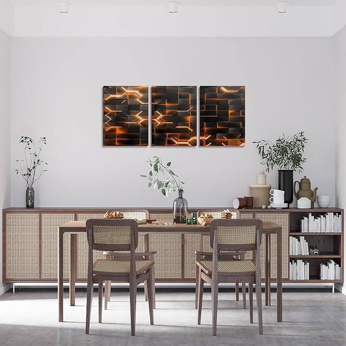 Feelyou Orange and Black Picture Wall Decor 12"x16" 3 Piece Honeycomb Canvas Wall Art Decor Hexagon Theme Office Decorations Artwork Posters Geometrical Beehive Painting
