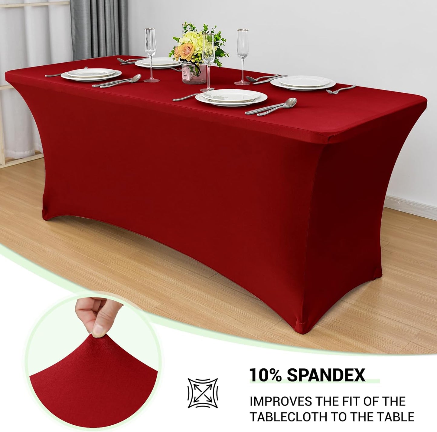 Obstal Spandex Table Cover 8ft Fitted Tablecloth Rectangular - Stretch Rectangle Folding Table Cloth for Birthday Party Wedding Banquet, Dark Red, 96L x 30W Inch