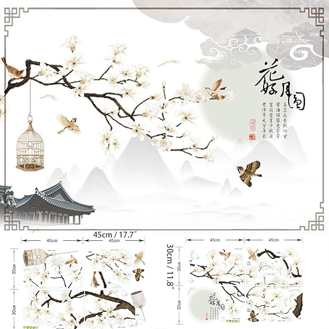 Large White Flower Wall Stickers, 50"x74" Removable DIY Romantic Cherry Blossom Tree Wall Murals Peel and Stick 3D Wall Art Stickers Home Decor for Gilrs Bedroom Nursery Rooms Living Room