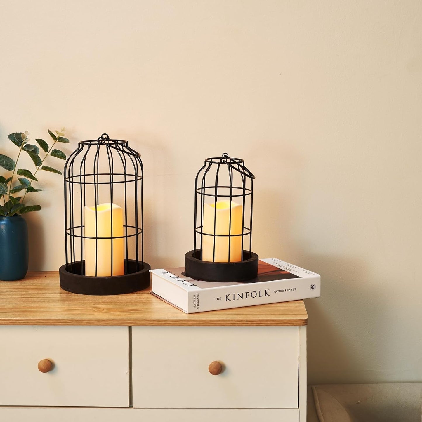PHOSPHOR Rustic Farmhouse Decor Lantern Set of 2 Modern Farmhouse Decorative Indoor for Kitchen Fireplace Centerpiece Table Dinning Living Room