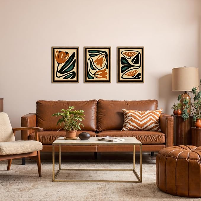 Mid Century Floral Wall Art Set of 3, Modern Abstract Botanical Wall Decor Picture, Vintage Boho Eclectic Plant Canvas Prints Paintings for Bedroom Living Room 12x16 inch Framed