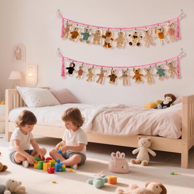 1/2 pcs 80" Cotton Hanging Storage Chain for Stuffed Animals Storage with 20 Metal Clips, Stuffed Animal Organizer Chain for Wall Corner Nursery Play Room, Pink