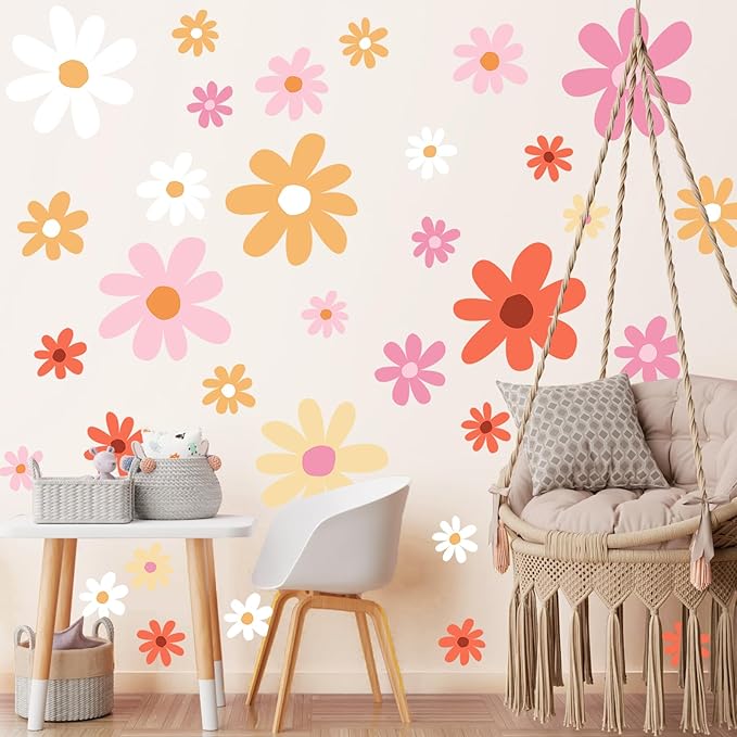 TaoBary 12 Sheet Daisy Wall Sticker Decal Removable Cute Daisy Bedroom Room Decor Flower Wall Sticker Pink White Flower Decal Wallpaper Peel and Stick for Nursery Home(Orange,Lovely Style)