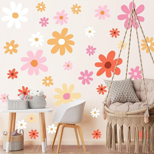 TaoBary 12 Sheet Daisy Wall Sticker Decal Removable Cute Daisy Bedroom Room Decor Flower Wall Sticker Pink White Flower Decal Wallpaper Peel and Stick for Nursery Home(Orange,Lovely Style)