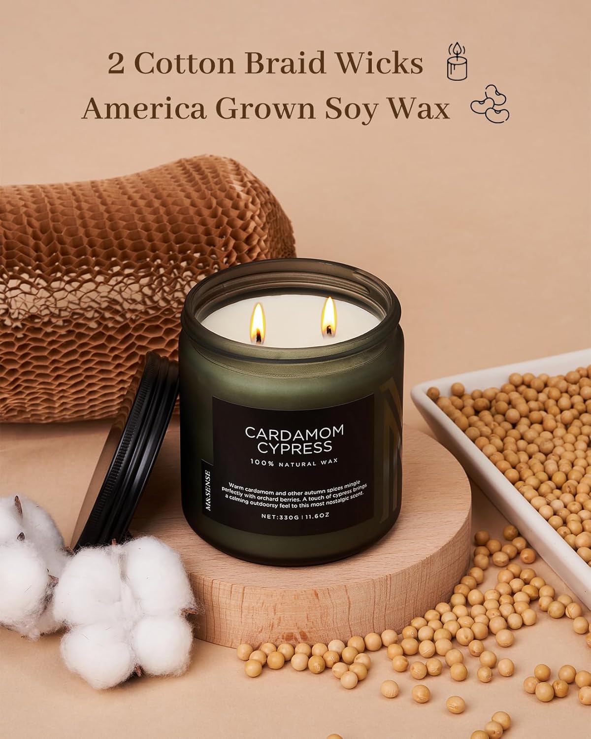 M&SENSE Spice Cardamom Cypress Large Soy Candles for Home Scented 2 Wick Large Soy Natural Candles 11.6oz 70 Hours Long Lasting Slow Burning, Christmas Holiday Woody Scented Winter Gifts