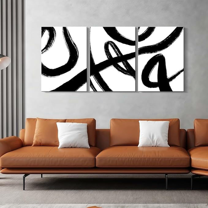 3Pcs Framed Abstract Black and White Canvas Wall Art Minimalist Brushstroke Line Prints Modern Home Gallery Style Picture Painting Posters Bedroom Living Room Office 12x16 Inch Ready to Hang