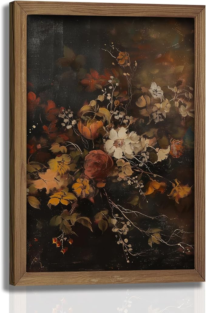 Framed Vintage Moody Floral WallArt Fall Wildflower Canvas Painting,Dark Botanical Picture Poster Print With Wood Frame Wall Decor for LivingRoom Bedroom Bathroom12X16In