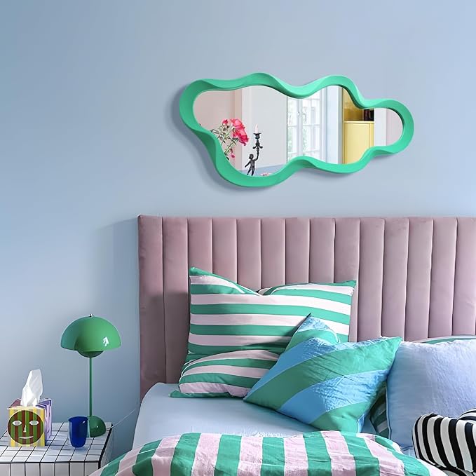 Irregular Wall Mirror Living Room Decor, Cloud Decorative Mirrors with Flocking Touch, 13.8x29.7 Modern Wavy Mirror for Hallway Entryway Staircase, Over The Bed Wall Art Decoration (Green)
