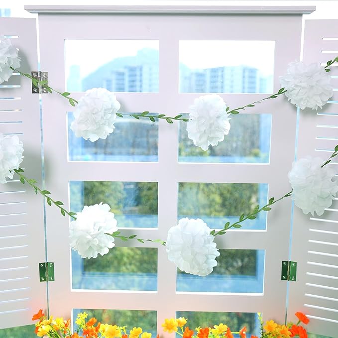 White Tissue Paper Pom Pom Garlands, Paper Flowers for Birthday Decorations, Baby Shower, Wedding Engagement, Bridal Shower, Spring Summer Party Decorations